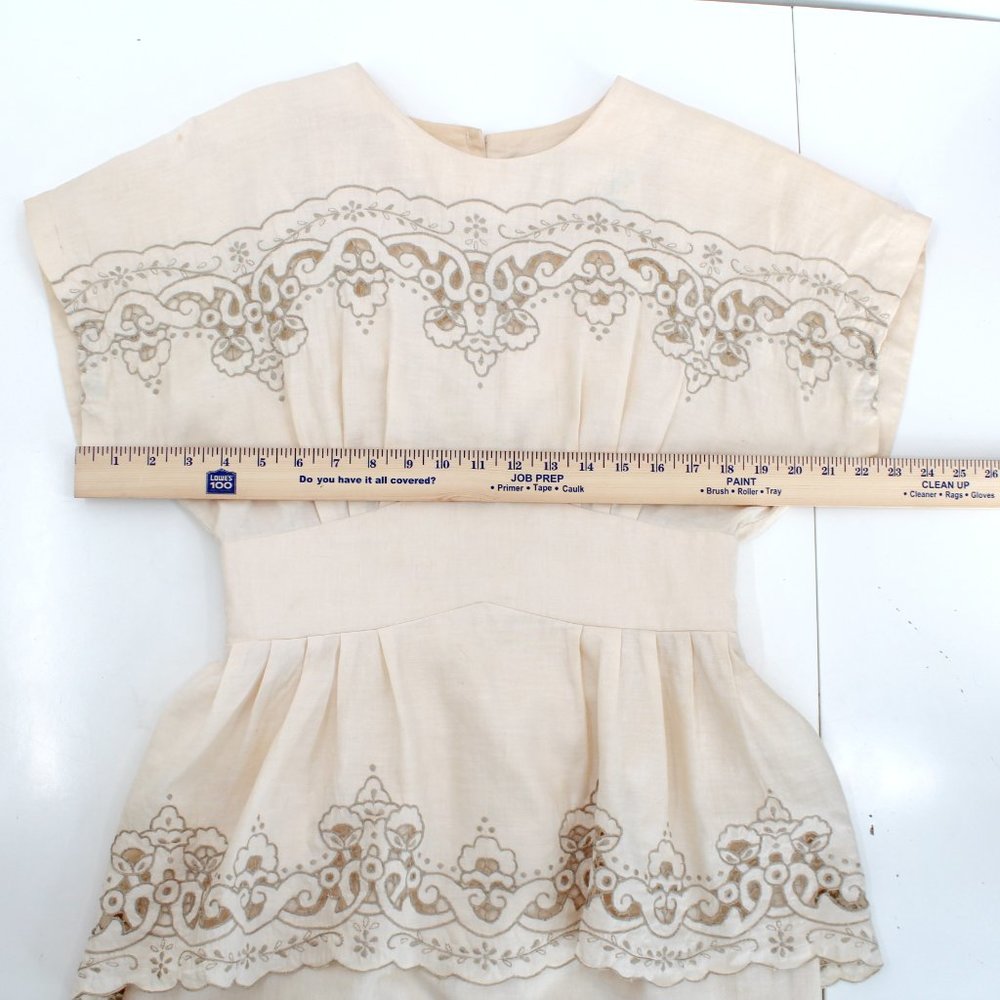 Vintage 80s Dress Ramie Cotton Lace Cutwork Embroidery Peplum Beige Midi 8 - Picture 11 of 15